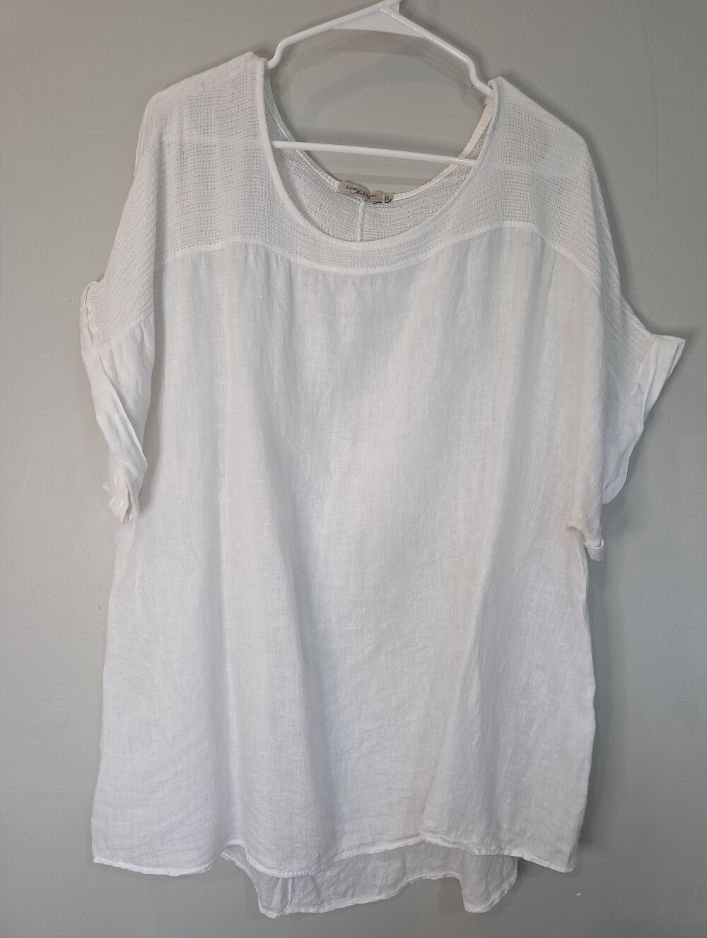 L'ungo L'arno White Linen Top Size 3X Short Sleeve Gauzy Shirt Crochet Lace